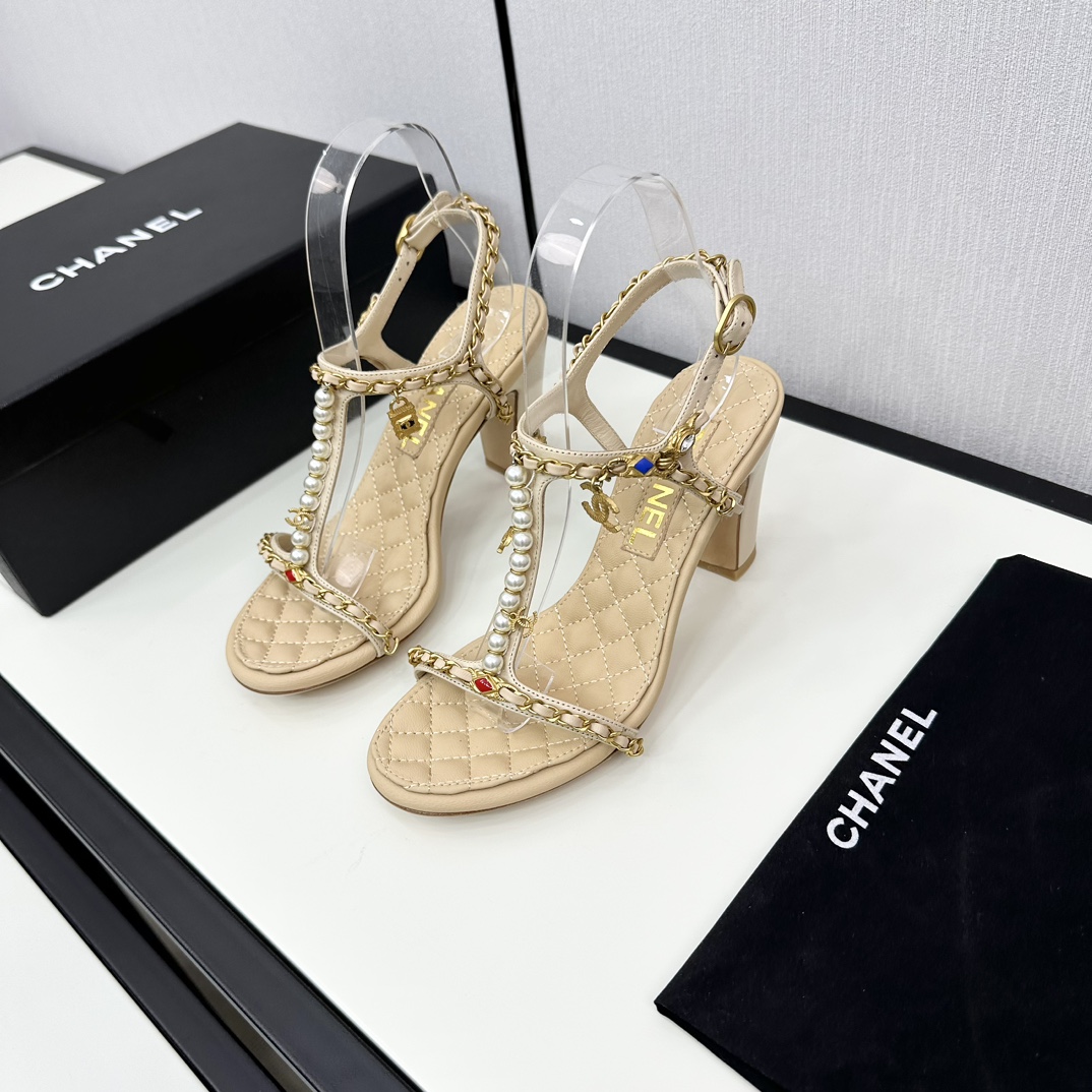 [TOP] CHANEL High Heel Sandals with Chains and Pearls - 3 Color