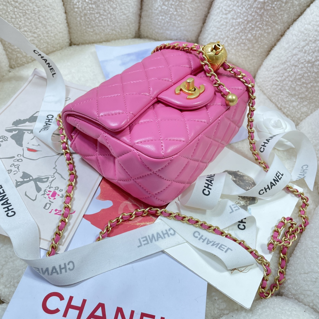 [TOP] CHANEL Classic Flap Bag Gold Ball 13*18*7cm - Rose Pink