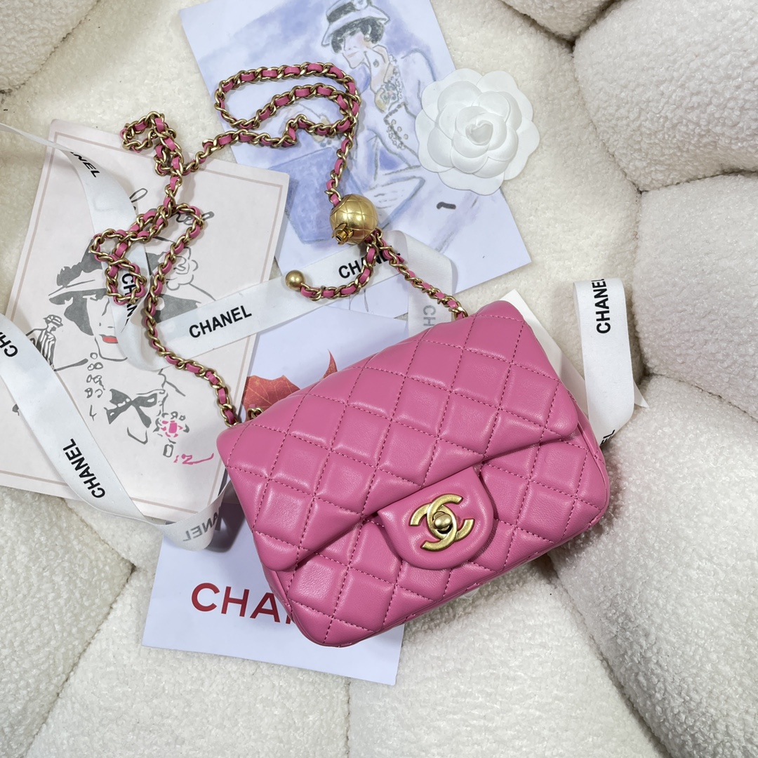 [TOP] CHANEL Classic Flap Bag Gold Ball 13*18*7cm - Rose Pink