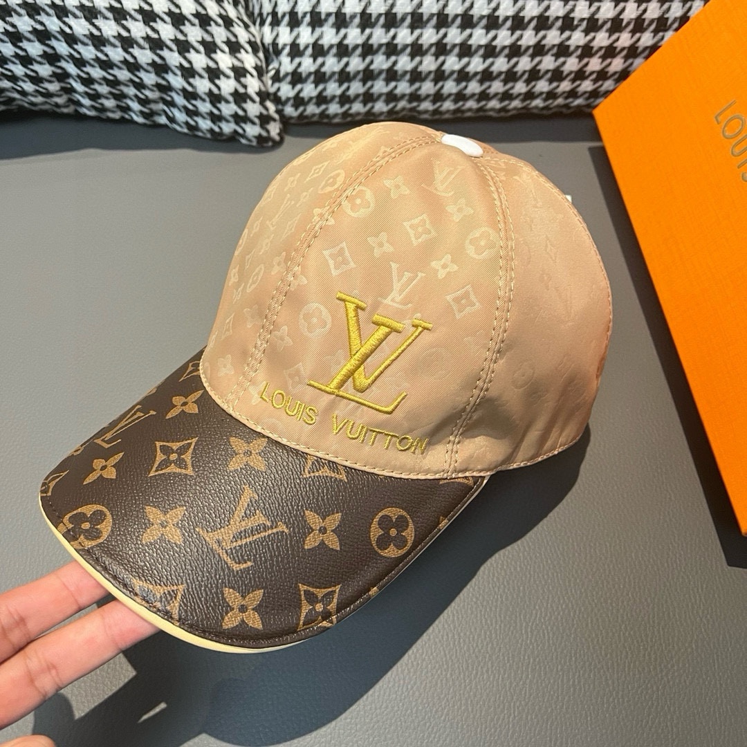 [TOP] Louis Vuitton LV Printed Satin Fabric + Monogram Leather Baseball Hat - 2 Color