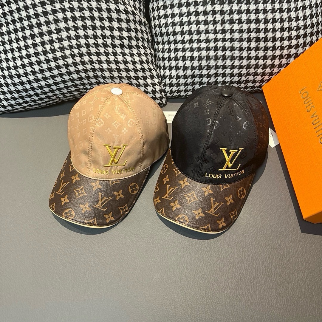 [TOP] Louis Vuitton LV Printed Satin Fabric + Monogram Leather Baseball Hat - 2 Color