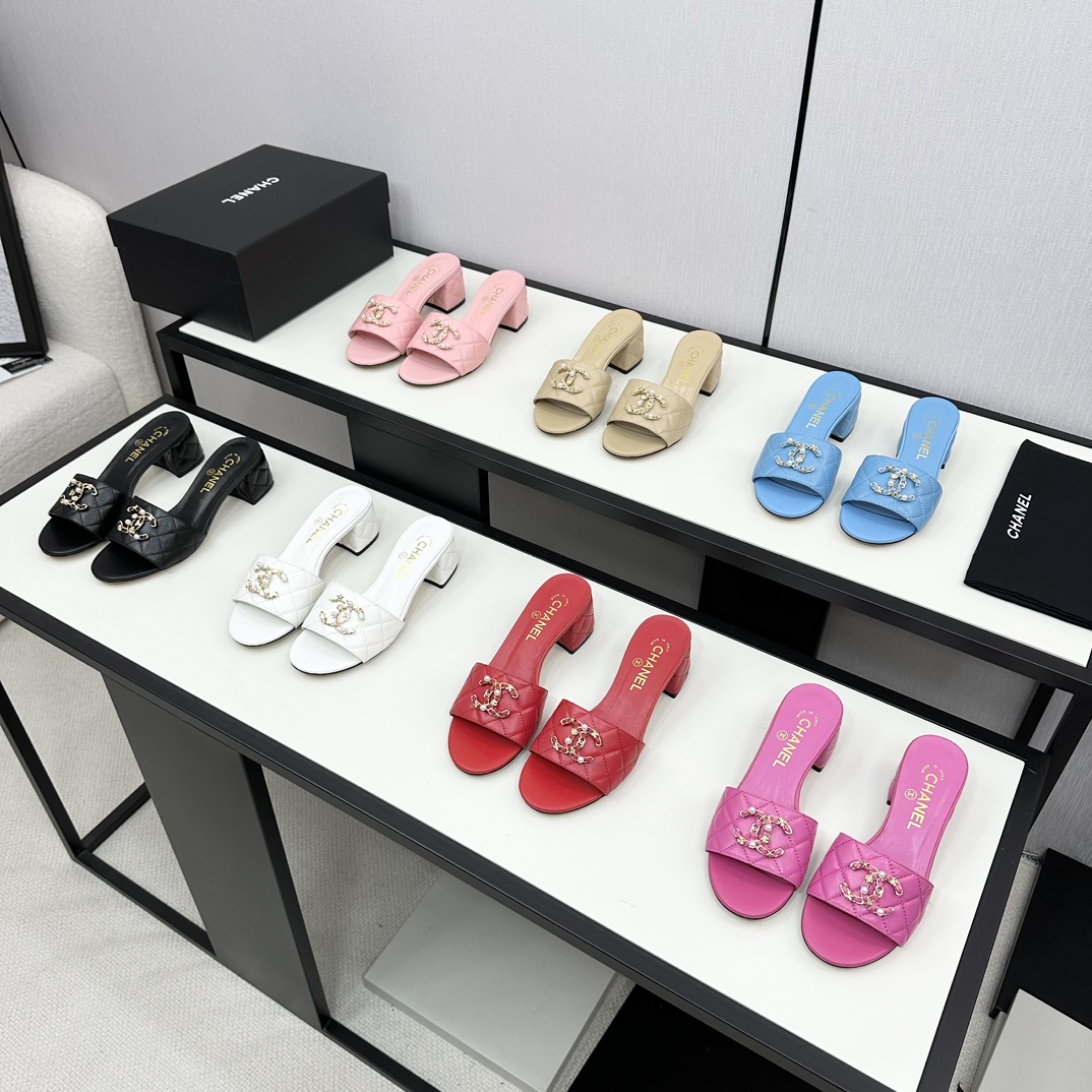 [TOP] CHANEL High Heel Slippers with CC Logo - 7 Color