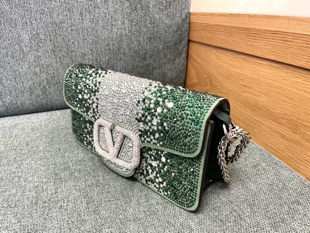 [TOP] VALENTINO Loco Bag Denim Decorated With Crystals 20x11x5cm/27x13x6cm - Green