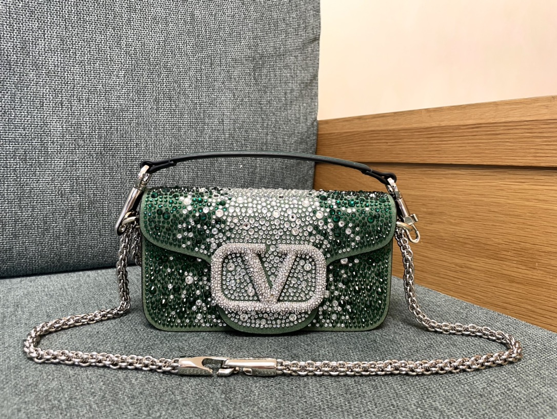 [TOP] VALENTINO Loco Bag Denim Decorated With Crystals 20x11x5cm/27x13x6cm - Green