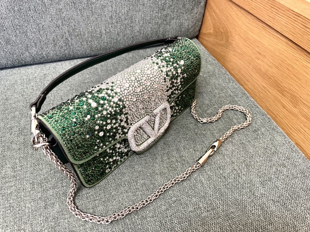 [TOP] VALENTINO Loco Bag Denim Decorated With Crystals 20x11x5cm/27x13x6cm - Green