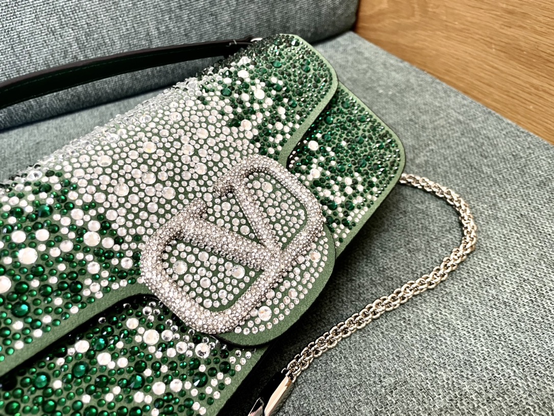[TOP] VALENTINO Loco Bag Denim Decorated With Crystals 20x11x5cm/27x13x6cm - Green