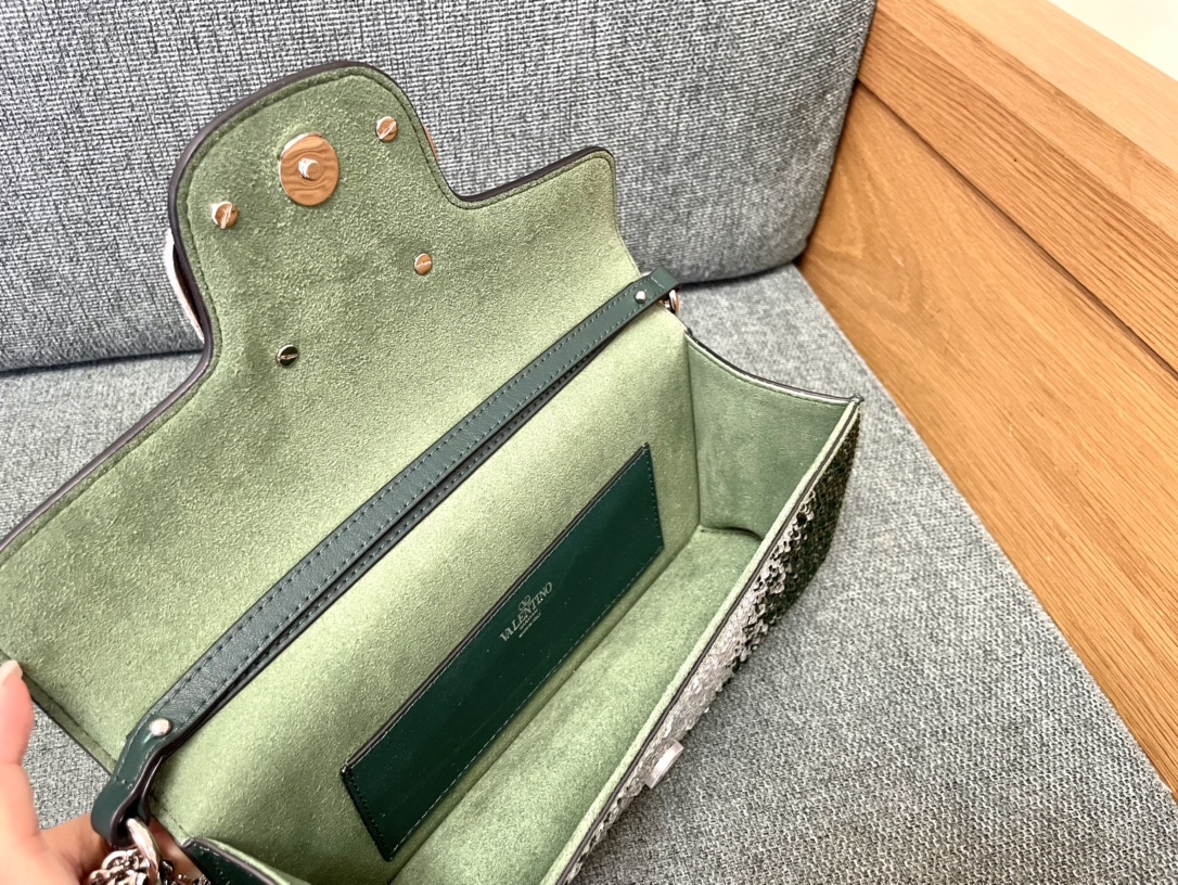 [TOP] VALENTINO Loco Bag Denim Decorated With Crystals 20x11x5cm/27x13x6cm - Green