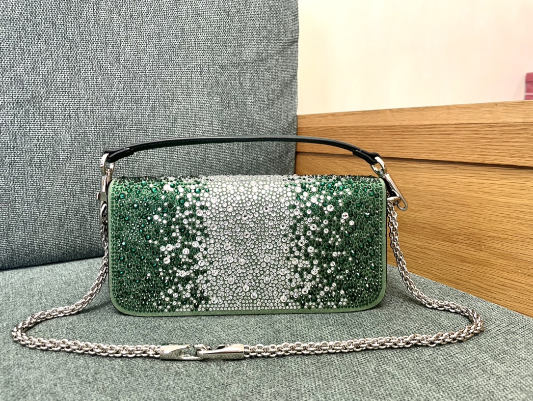 [TOP] VALENTINO Loco Bag Denim Decorated With Crystals 20x11x5cm/27x13x6cm - Green