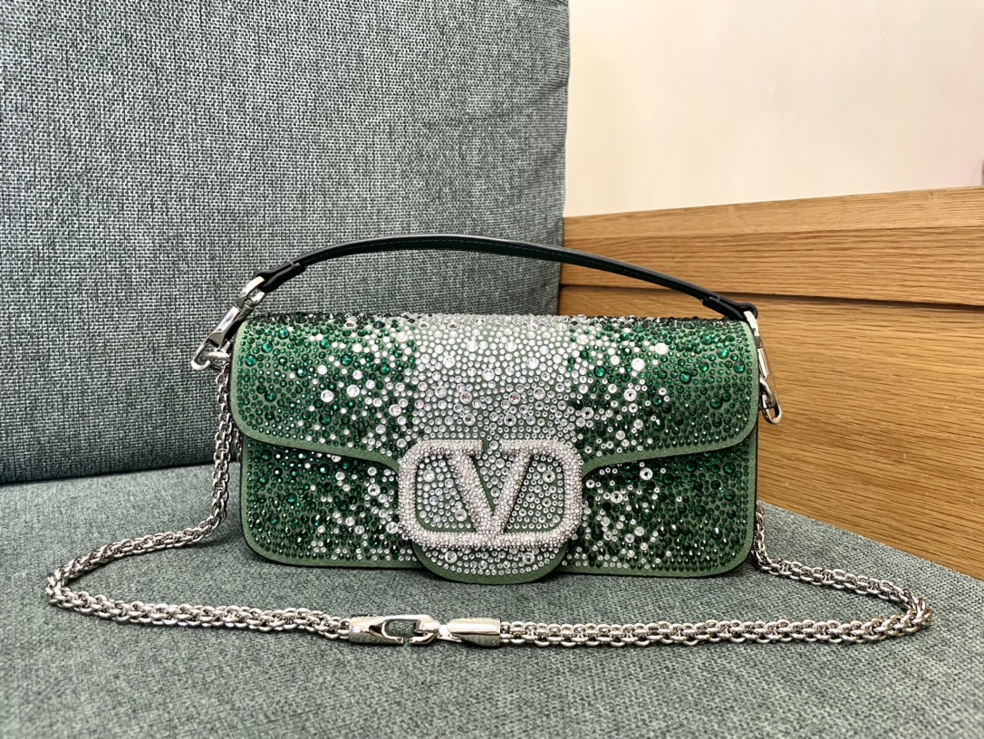 [TOP] VALENTINO Loco Bag Denim Decorated With Crystals 20x11x5cm/27x13x6cm - Green