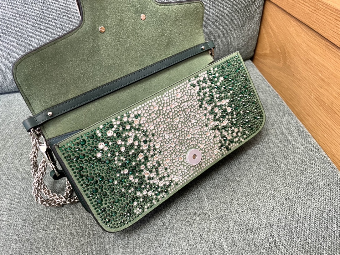 [TOP] VALENTINO Loco Bag Denim Decorated With Crystals 20x11x5cm/27x13x6cm - Green