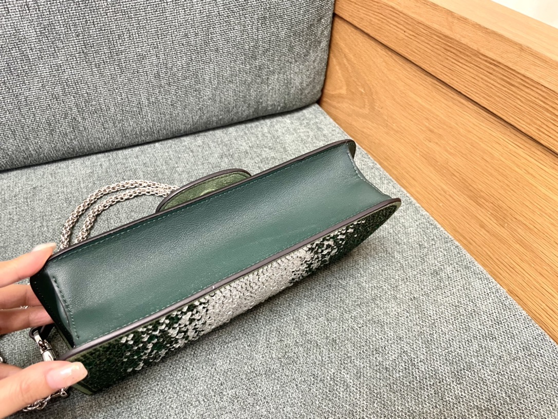 [TOP] VALENTINO Loco Bag Denim Decorated With Crystals 20x11x5cm/27x13x6cm - Green