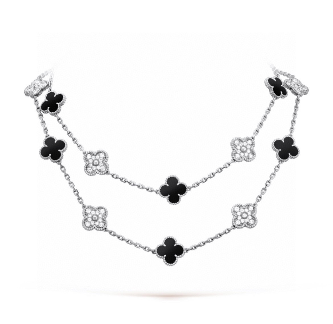 [TOP] Van Cleef & Arpels Long Necklace with Flowers - Black & Silver