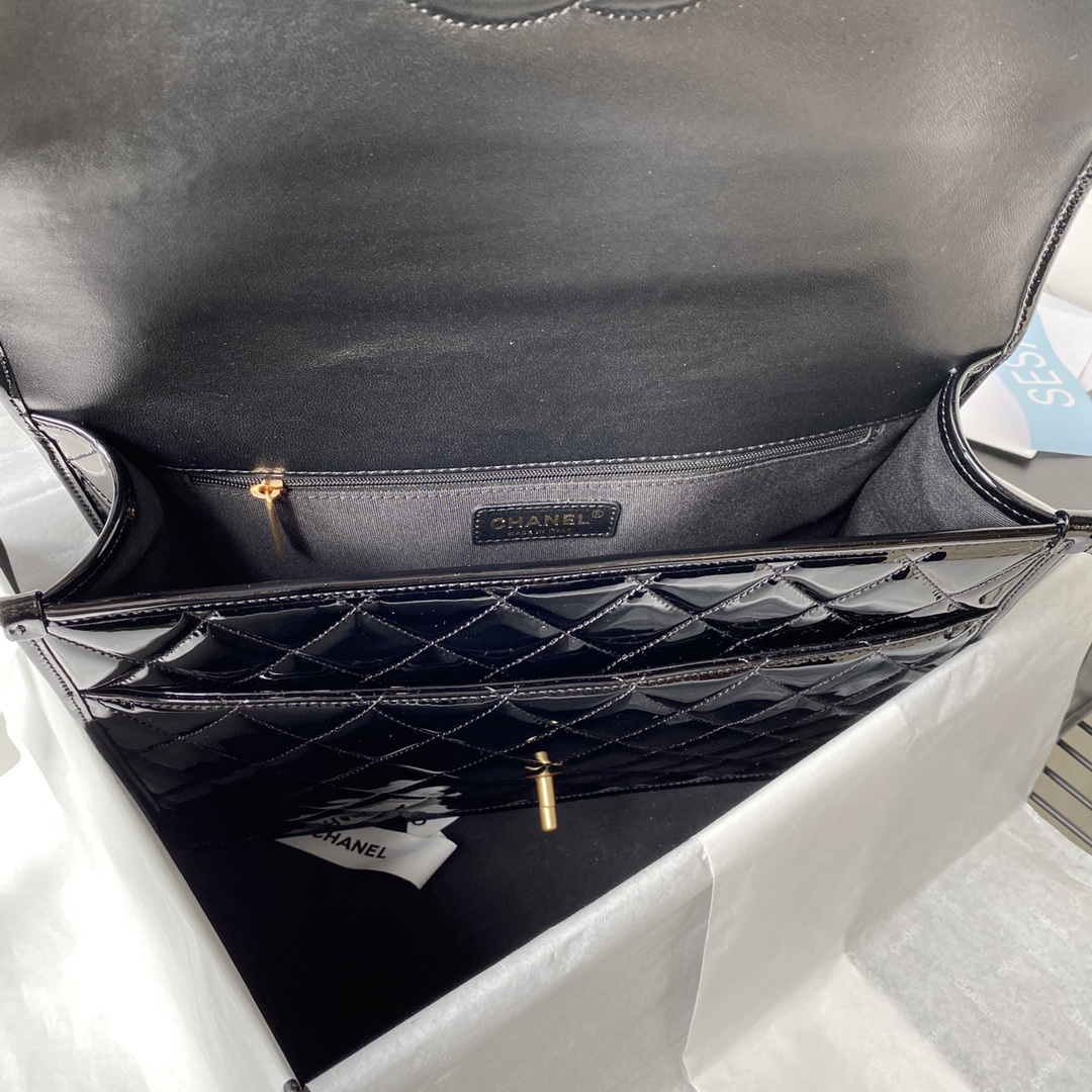 [TOP] CHANEL Patent Quilted Large School Memory Top Handle Flap 31.5×31×9 cm - Black