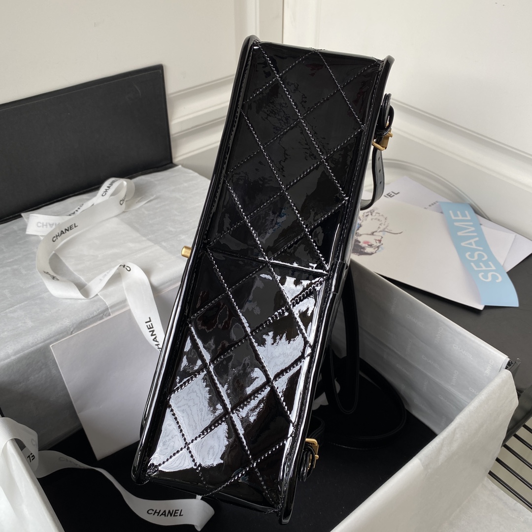 [TOP] CHANEL Patent Quilted Large School Memory Top Handle Flap 31.5×31×9 cm - Black