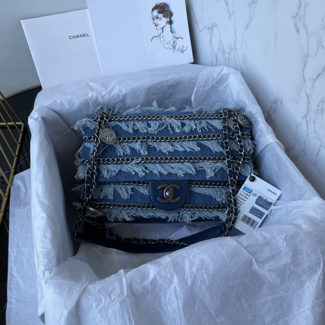 [TOP] CHANEL Denim Flab Bag Lambskin 25cm - Blue& SHW