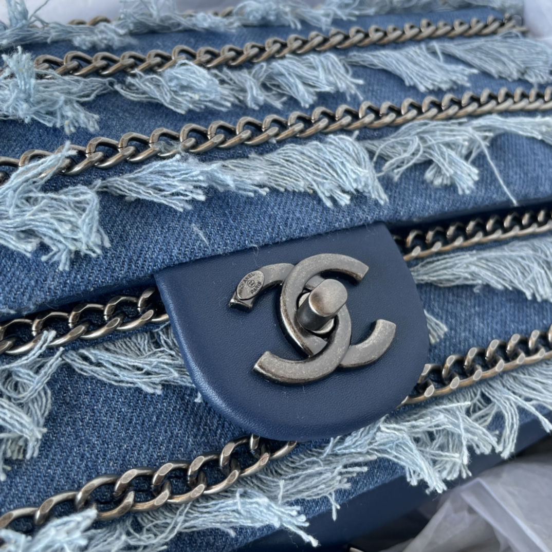 [TOP] CHANEL Denim Flab Bag Lambskin 25cm - Blue& SHW