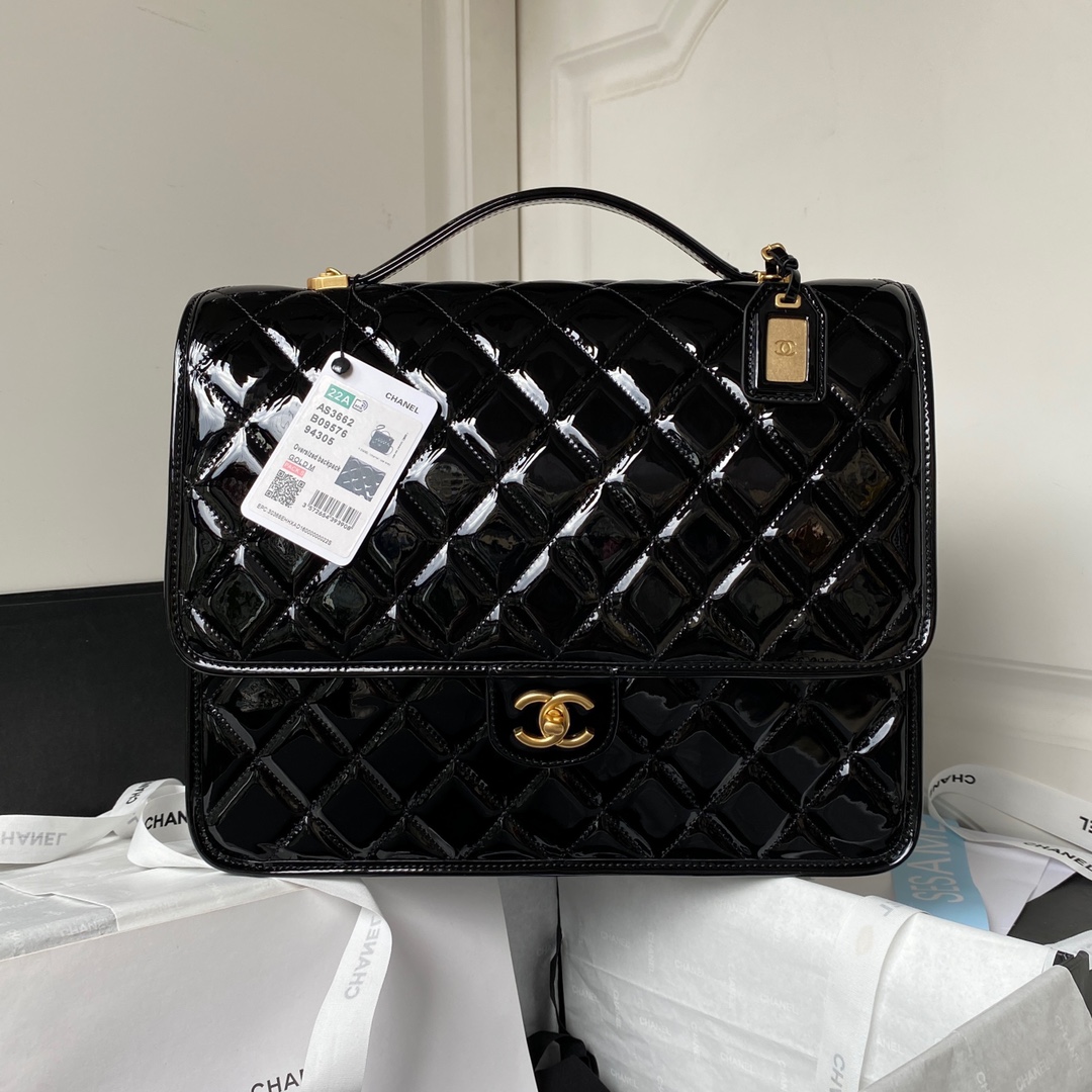 [TOP] CHANEL Patent Quilted Large School Memory Top Handle Flap 31.5×31×9 cm - Black