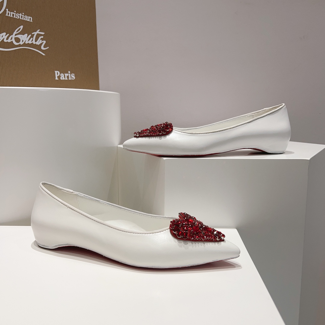 [TOP] Christian Louboutin Heart-shaped Jeweled Flat/Mid/High Heels Pumps - White