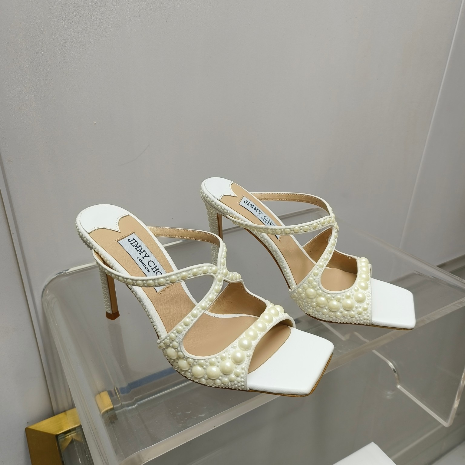 [TOP] Jimmy Choo Silk Pearls High Heel Cross Slippers - White