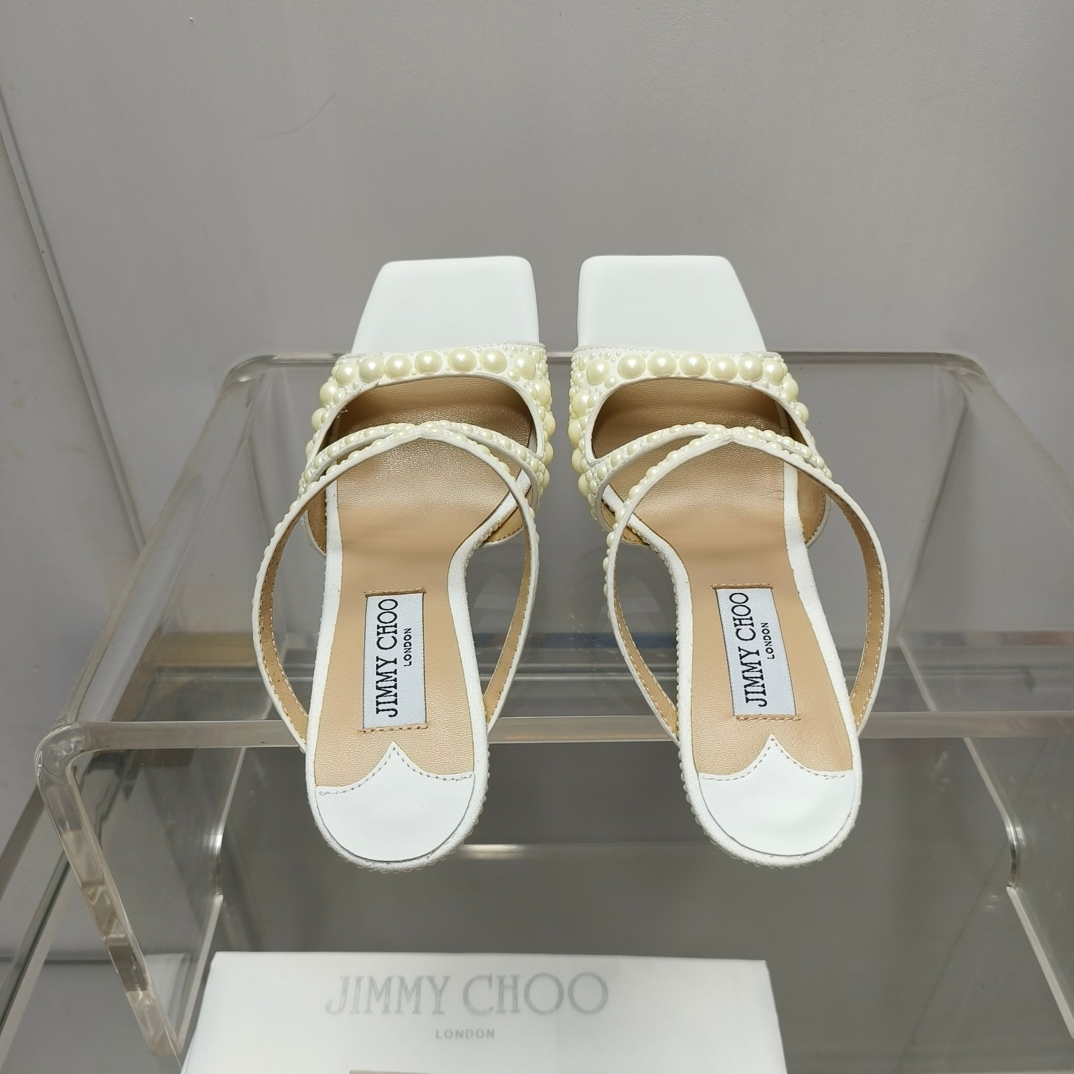 [TOP] Jimmy Choo Silk Pearls High Heel Cross Slippers - White