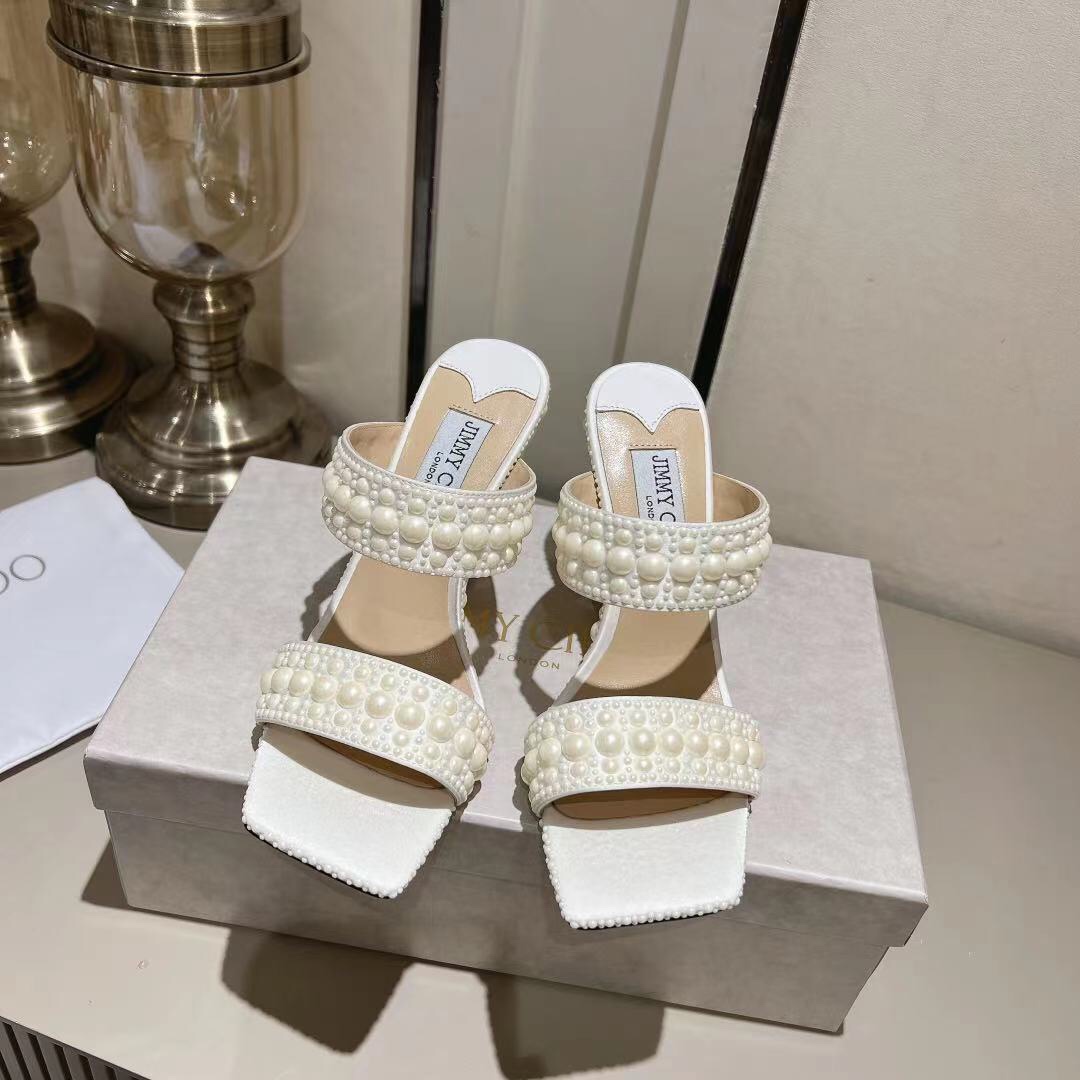 [TOP] Jimmy Choo Silk Pearls High Heel Slippers - White
