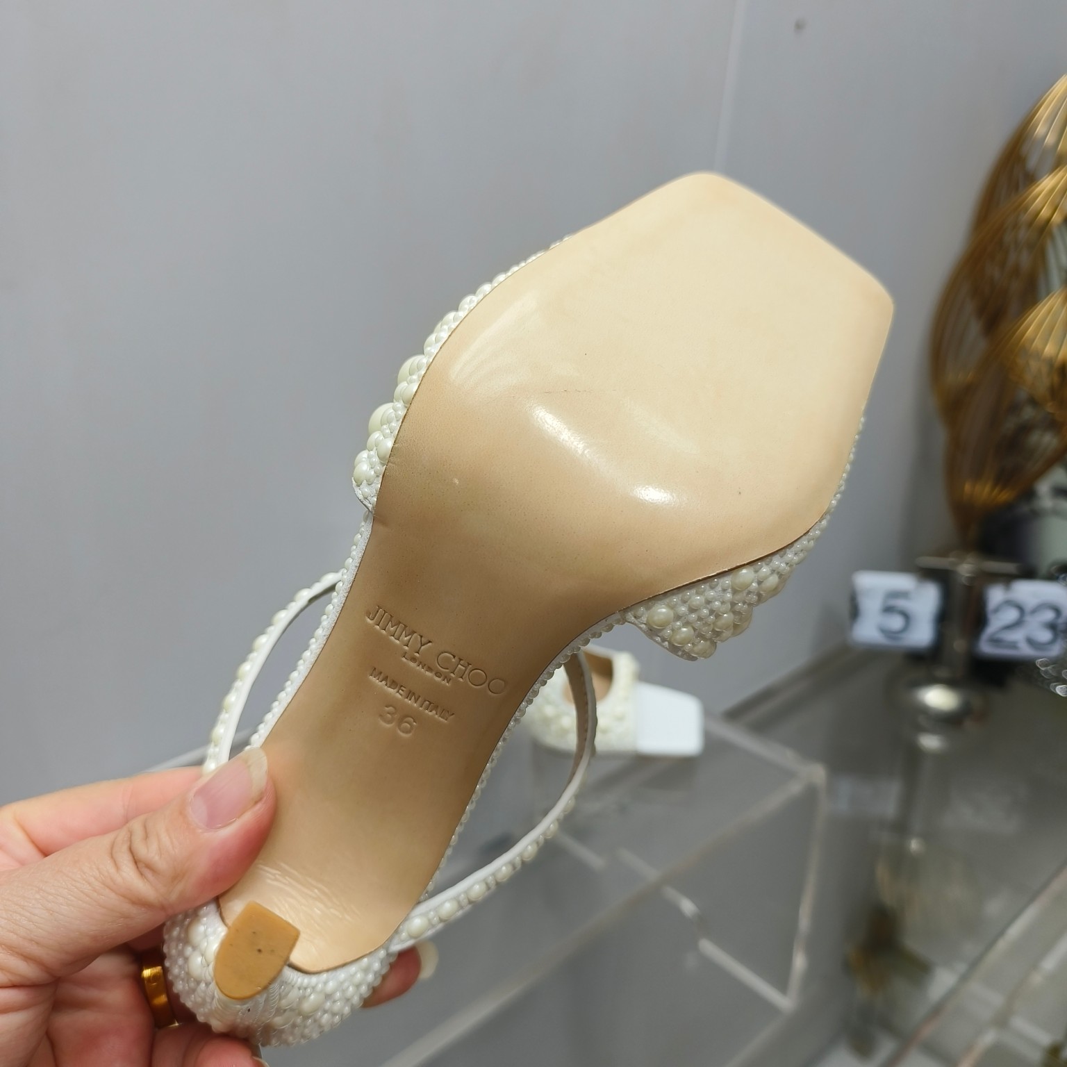 [TOP] Jimmy Choo Silk Pearls High Heel Cross Slippers - White