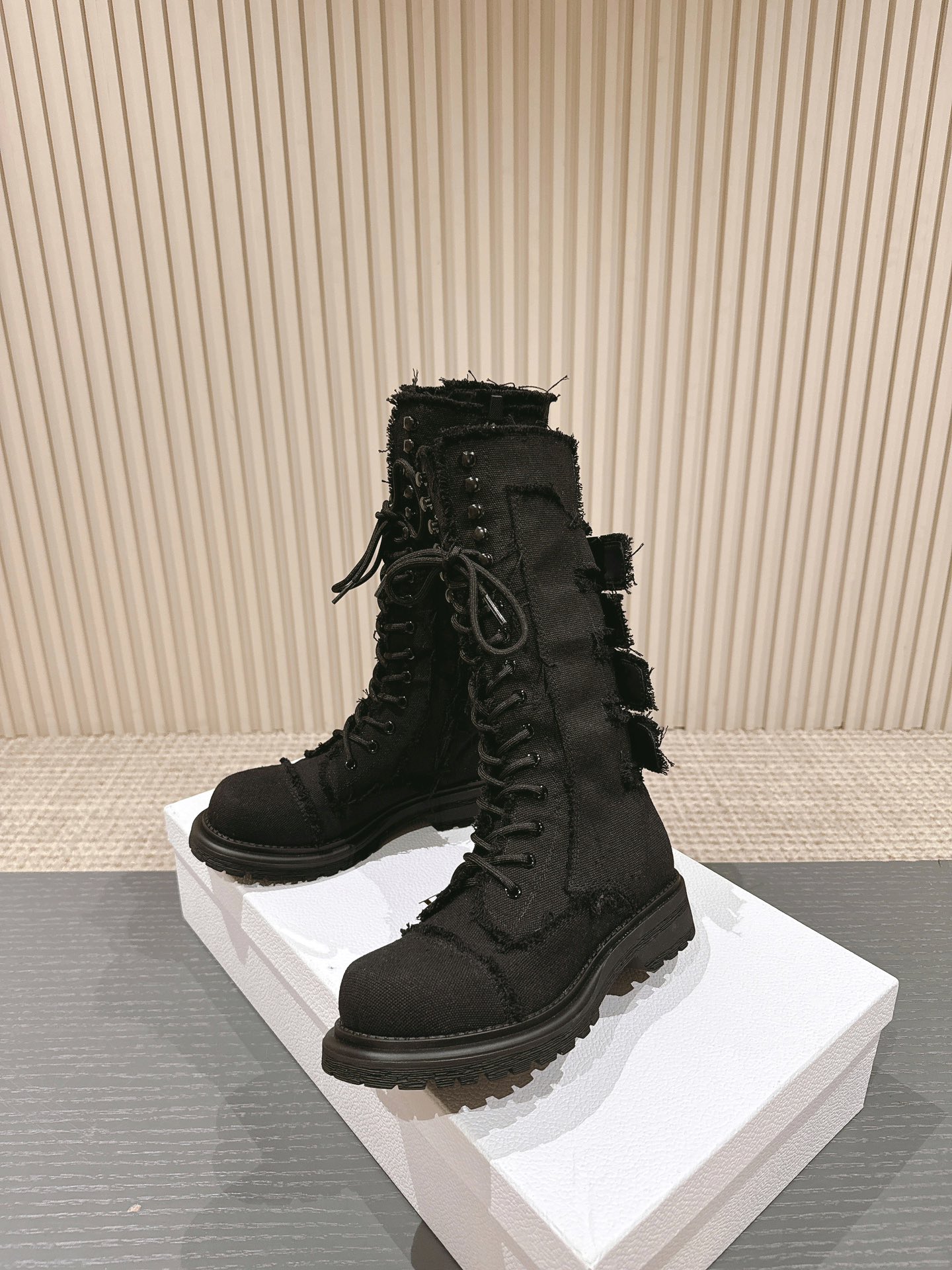 [TOP] Christian Dior Cloth & Leather Boots with Shoelaces - Black