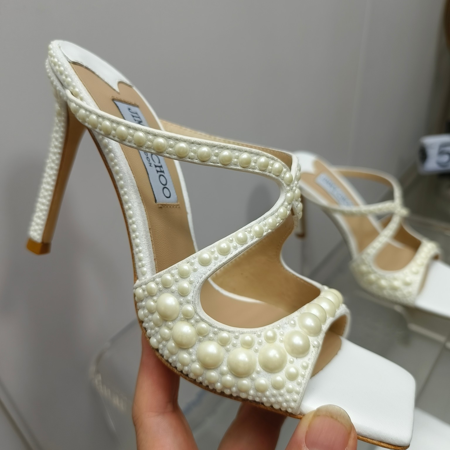 [TOP] Jimmy Choo Silk Pearls High Heel Cross Slippers - White