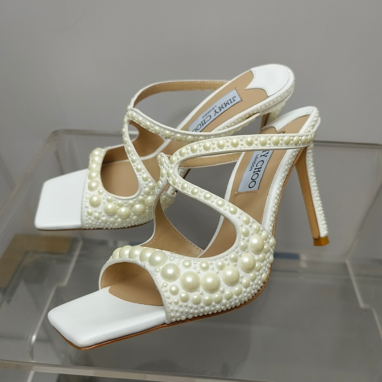 [TOP] Jimmy Choo Silk Pearls High Heel Cross Slippers - White