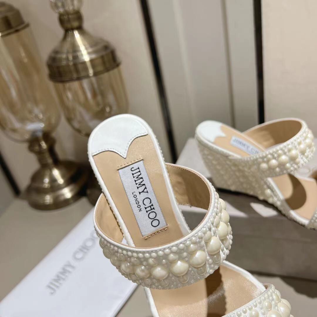 [TOP] Jimmy Choo Silk Pearls High Heel Slippers - White