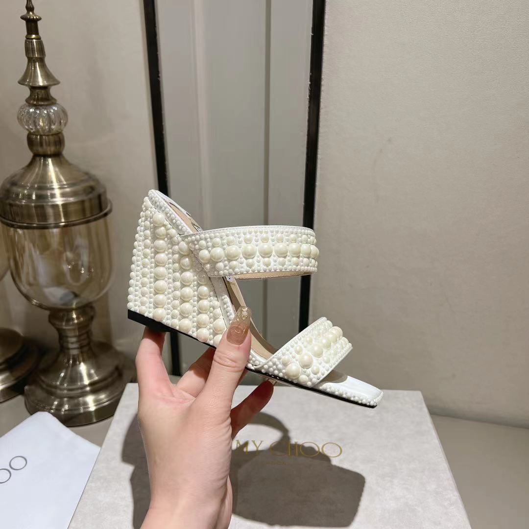 [TOP] Jimmy Choo Silk Pearls High Heel Slippers - White