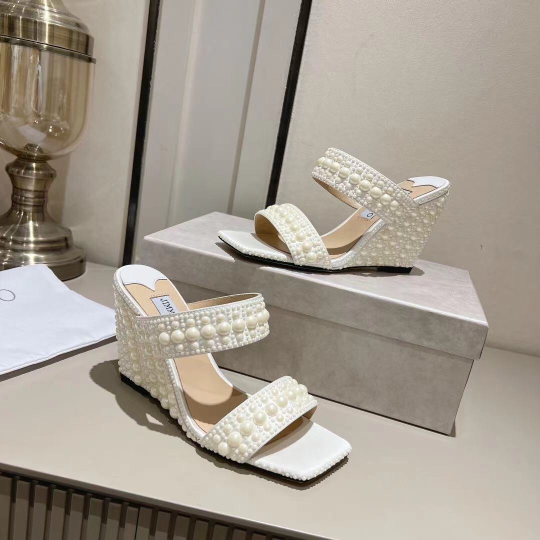 [TOP] Jimmy Choo Silk Pearls High Heel Slippers - White
