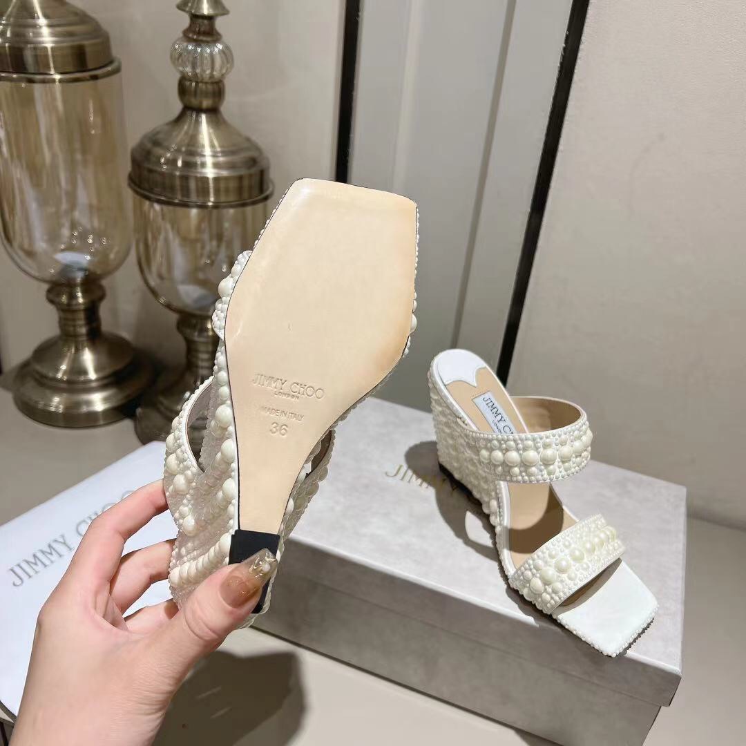 [TOP] Jimmy Choo Silk Pearls High Heel Slippers - White