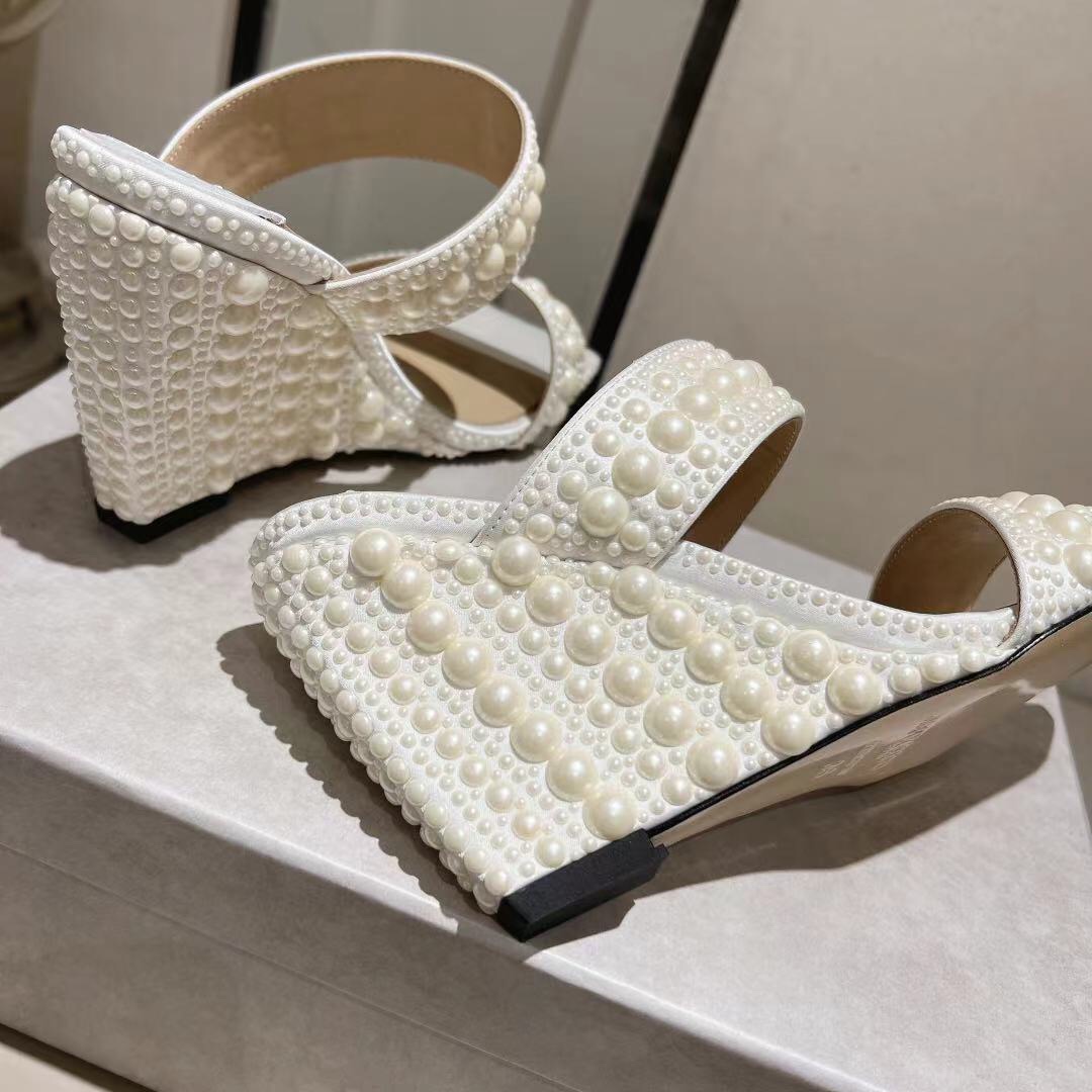 [TOP] Jimmy Choo Silk Pearls High Heel Slippers - White