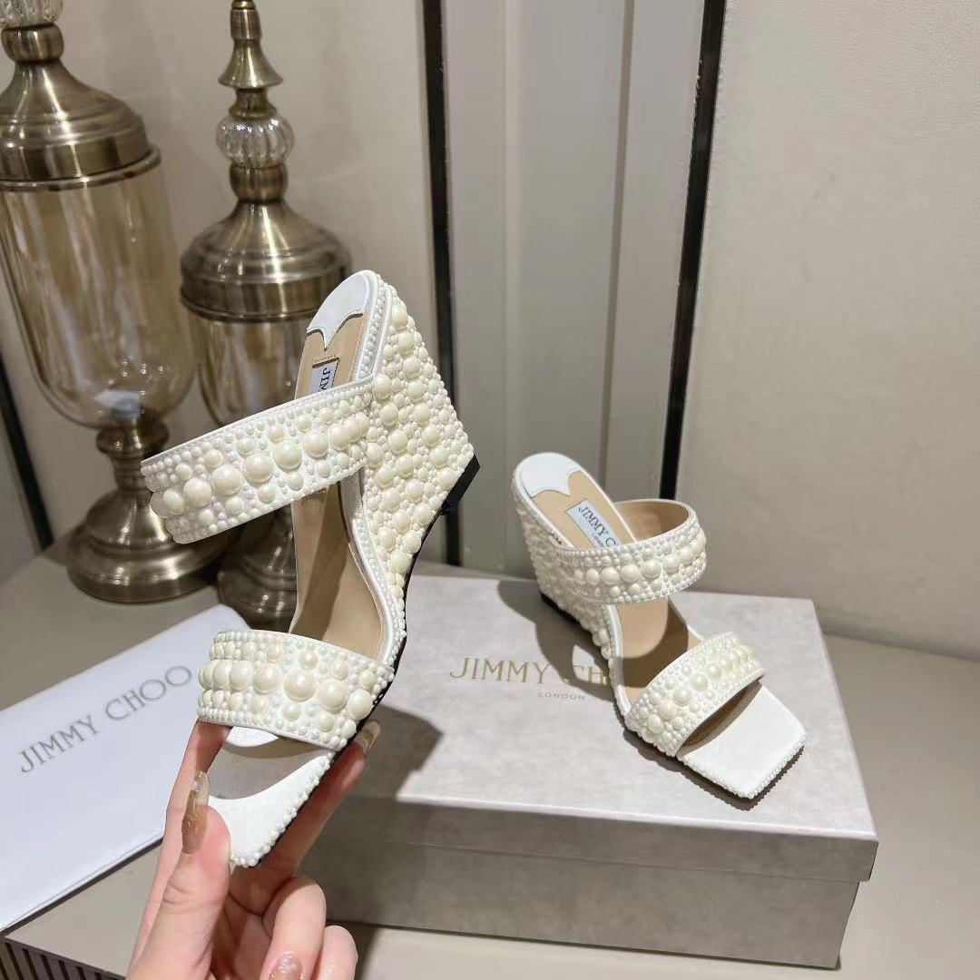 [TOP] Jimmy Choo Silk Pearls High Heel Slippers - White
