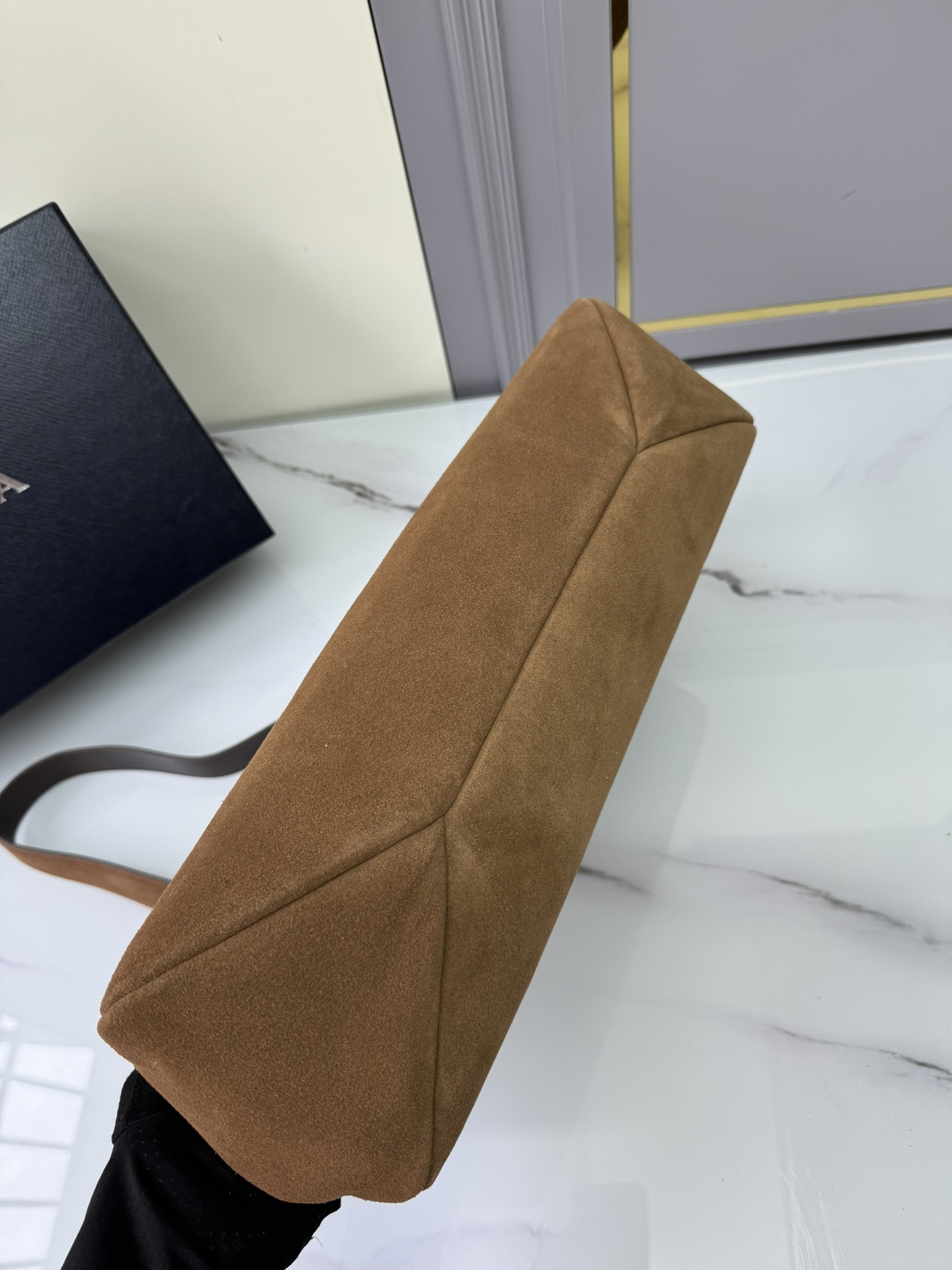 [TOP] PRADA Suede Calfskin Hobo Bag 39x24x11.5cm - Brown