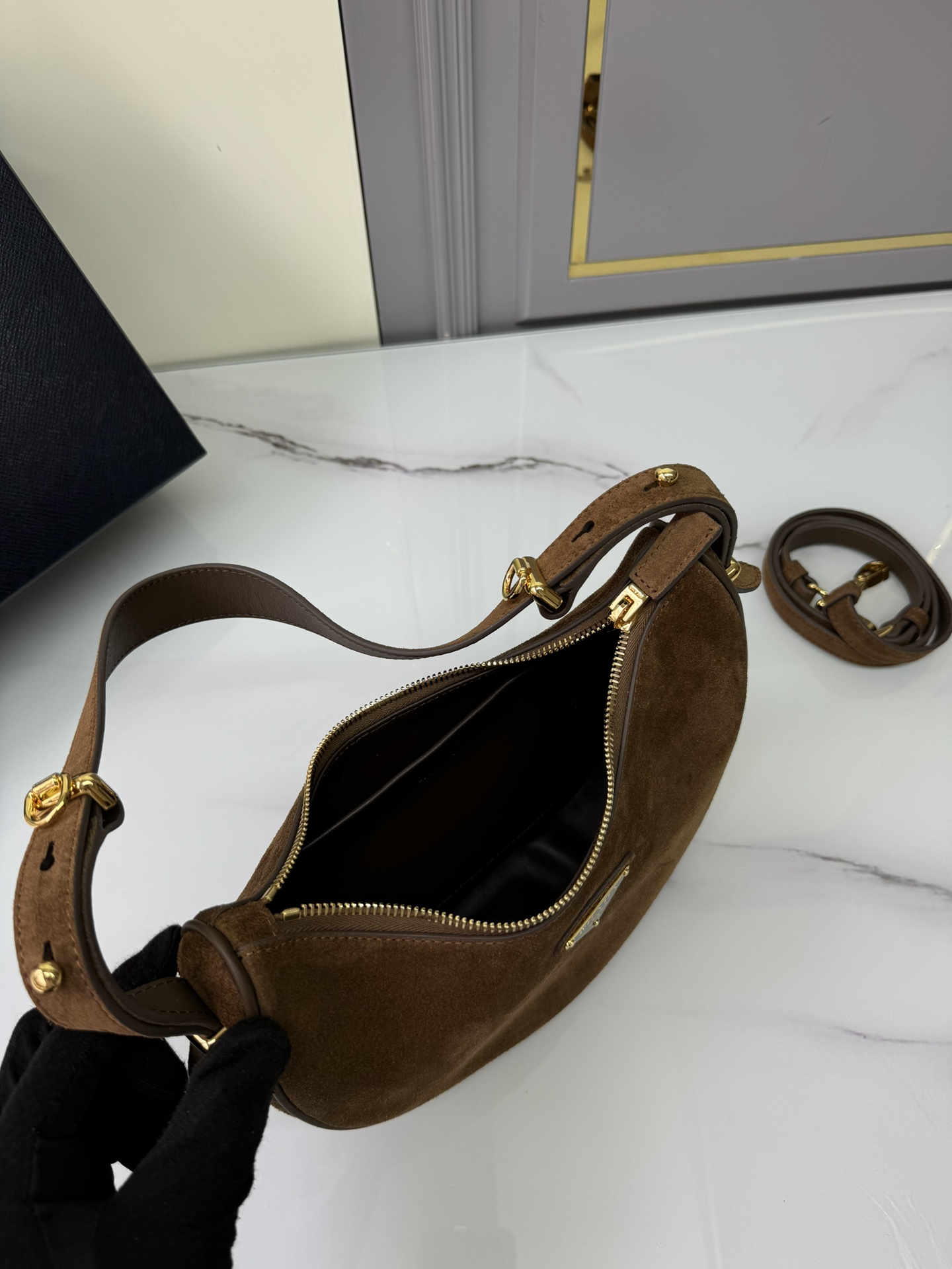 [TOP] PRADA Moon Bag Suede Calfskin 22.5x18.5x6.5cm - Brown