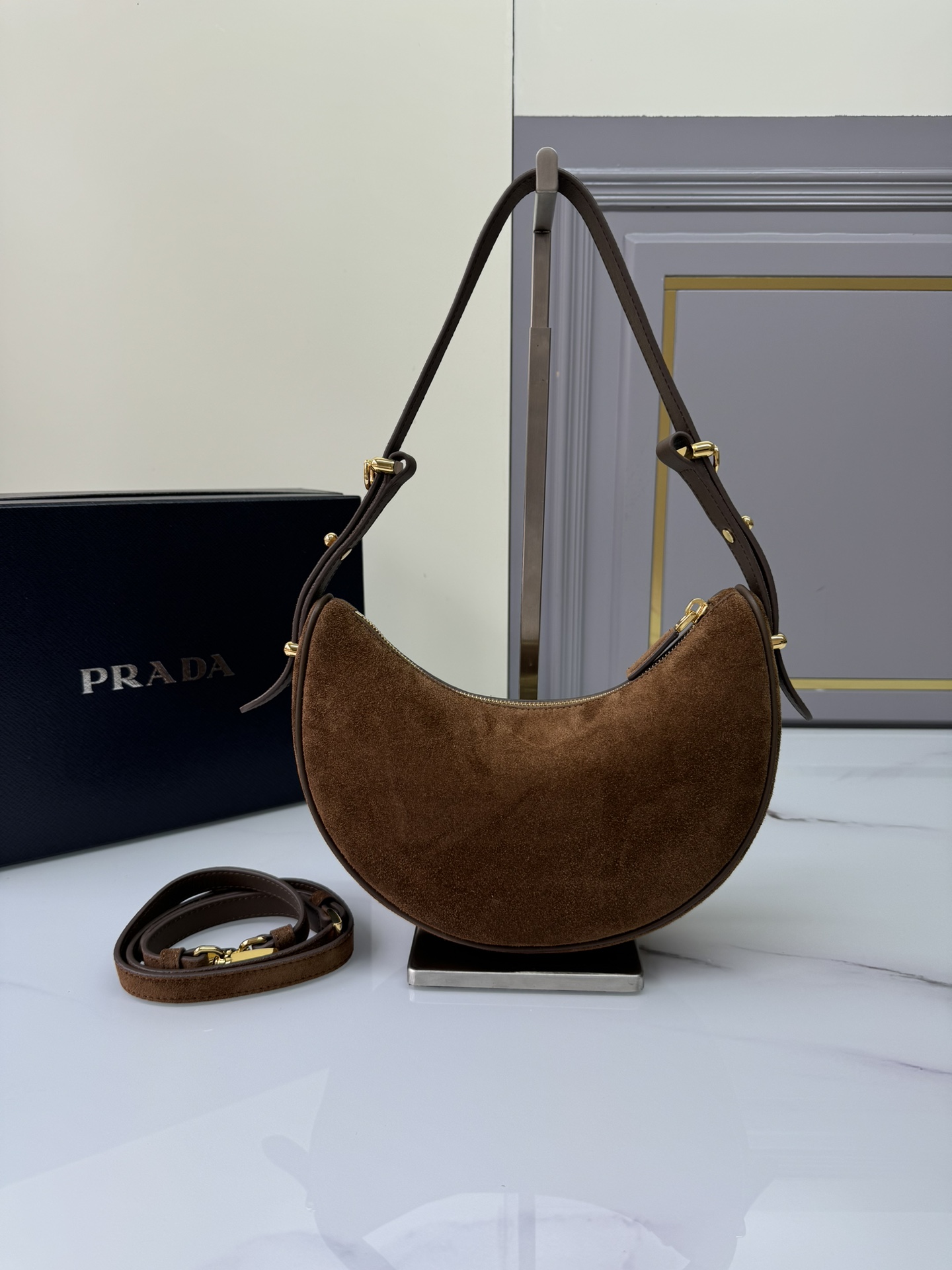 [TOP] PRADA Moon Bag Suede Calfskin 22.5x18.5x6.5cm - Brown