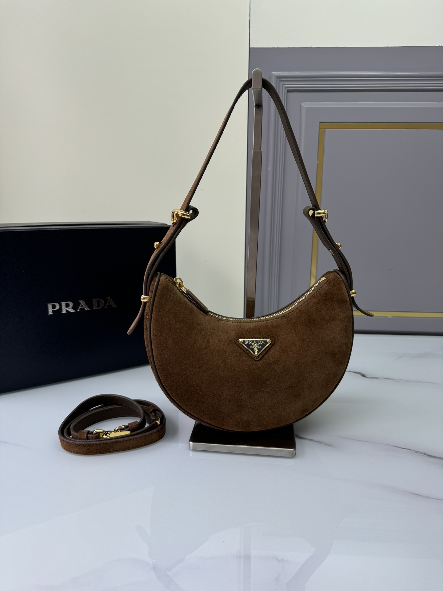 [TOP] PRADA Moon Bag Suede Calfskin 22.5x18.5x6.5cm - Brown
