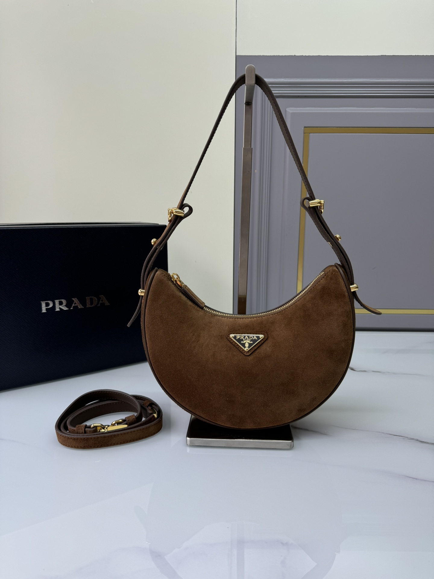 [TOP] PRADA Moon Bag Suede Calfskin 22.5x18.5x6.5cm - Brown