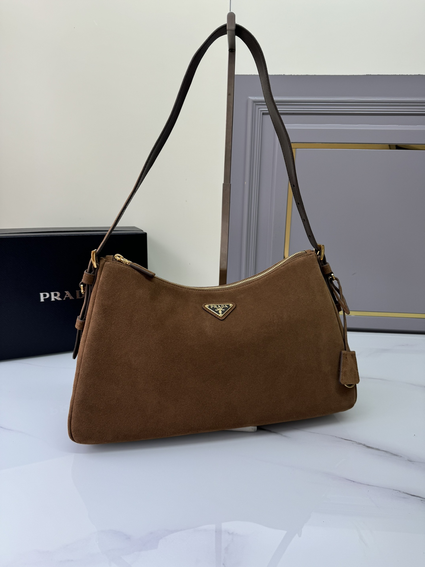 [TOP] PRADA Suede Calfskin Hobo Bag 39x24x11.5cm - Brown