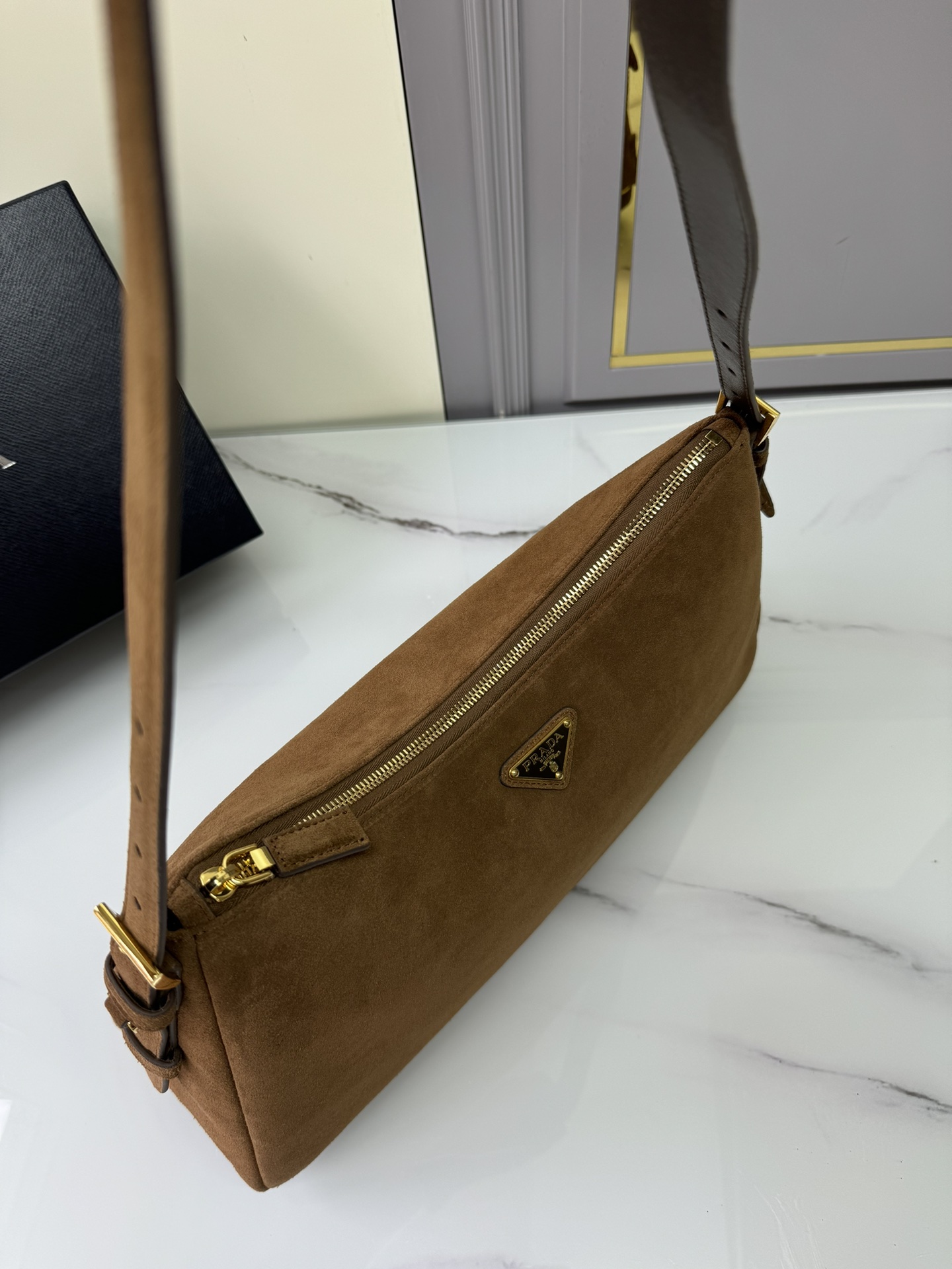 [TOP] PRADA Suede Calfskin Hobo Bag 39x24x11.5cm - Brown
