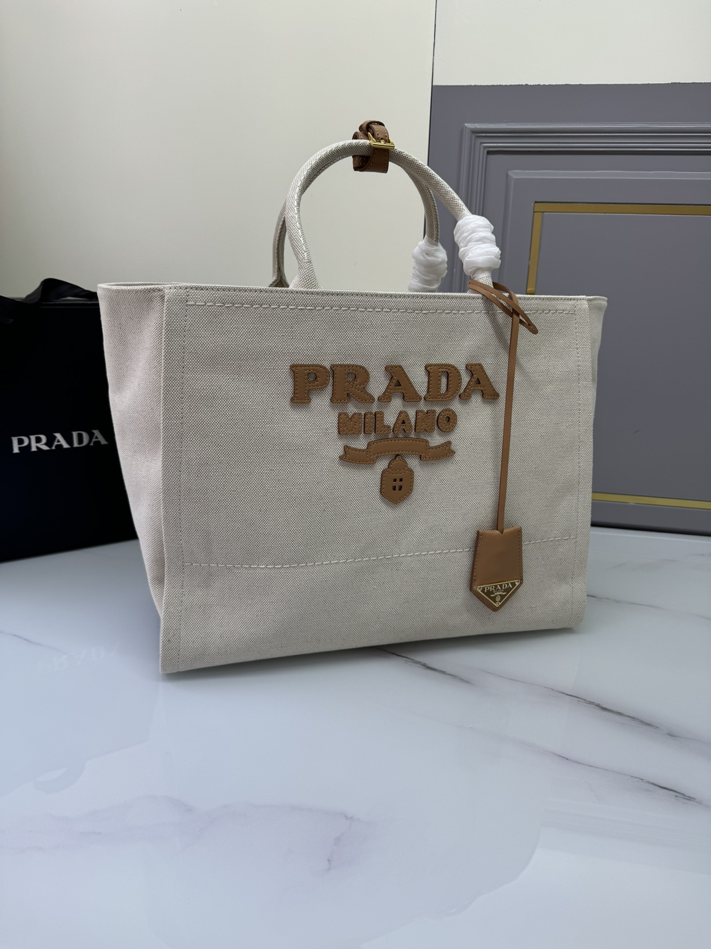 [TOP] PRADA Linen Canvas Tote Bag 39×31×17cm/31x25x14cn - Beige