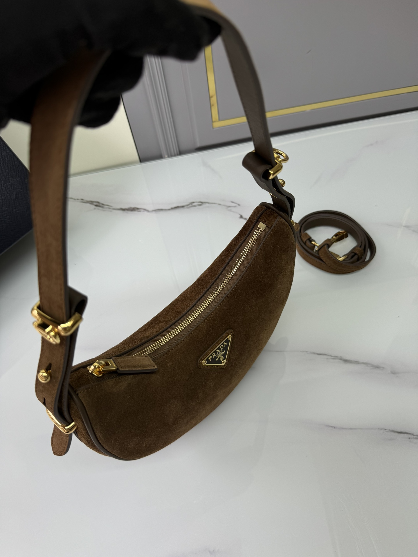 [TOP] PRADA Moon Bag Suede Calfskin 22.5x18.5x6.5cm - Brown