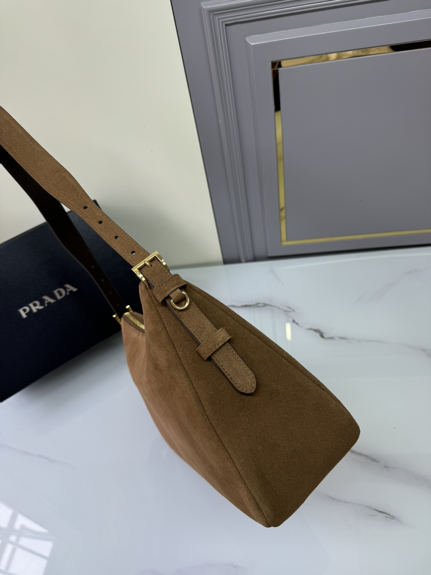 [TOP] PRADA Suede Calfskin Hobo Bag 39x24x11.5cm - Brown
