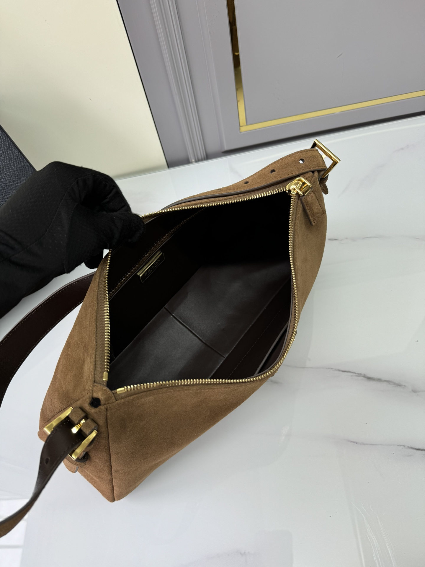 [TOP] PRADA Suede Calfskin Hobo Bag 39x24x11.5cm - Brown