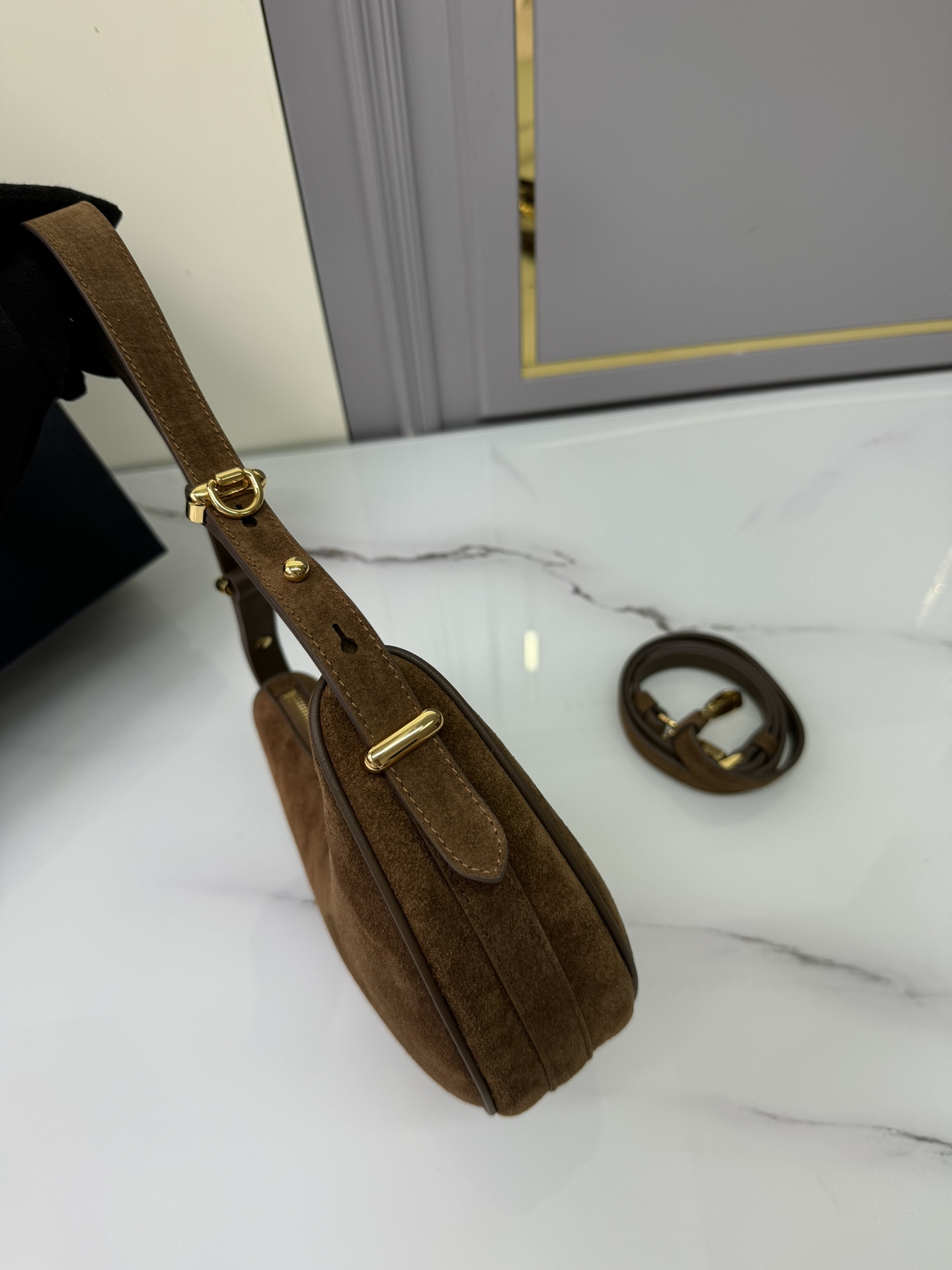 [TOP] PRADA Moon Bag Suede Calfskin 22.5x18.5x6.5cm - Brown