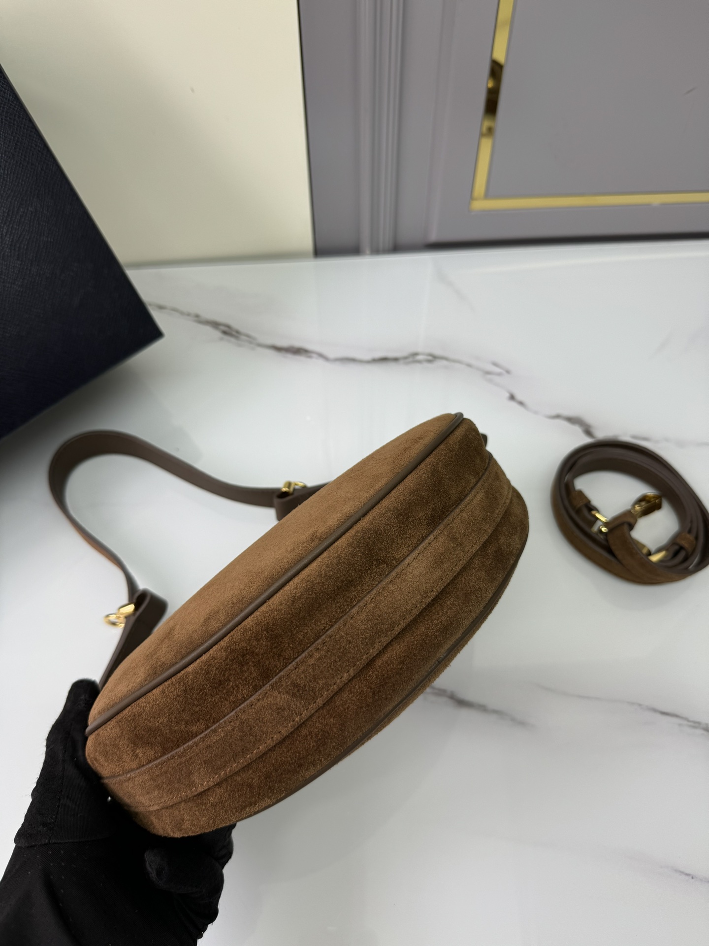 [TOP] PRADA Moon Bag Suede Calfskin 22.5x18.5x6.5cm - Brown