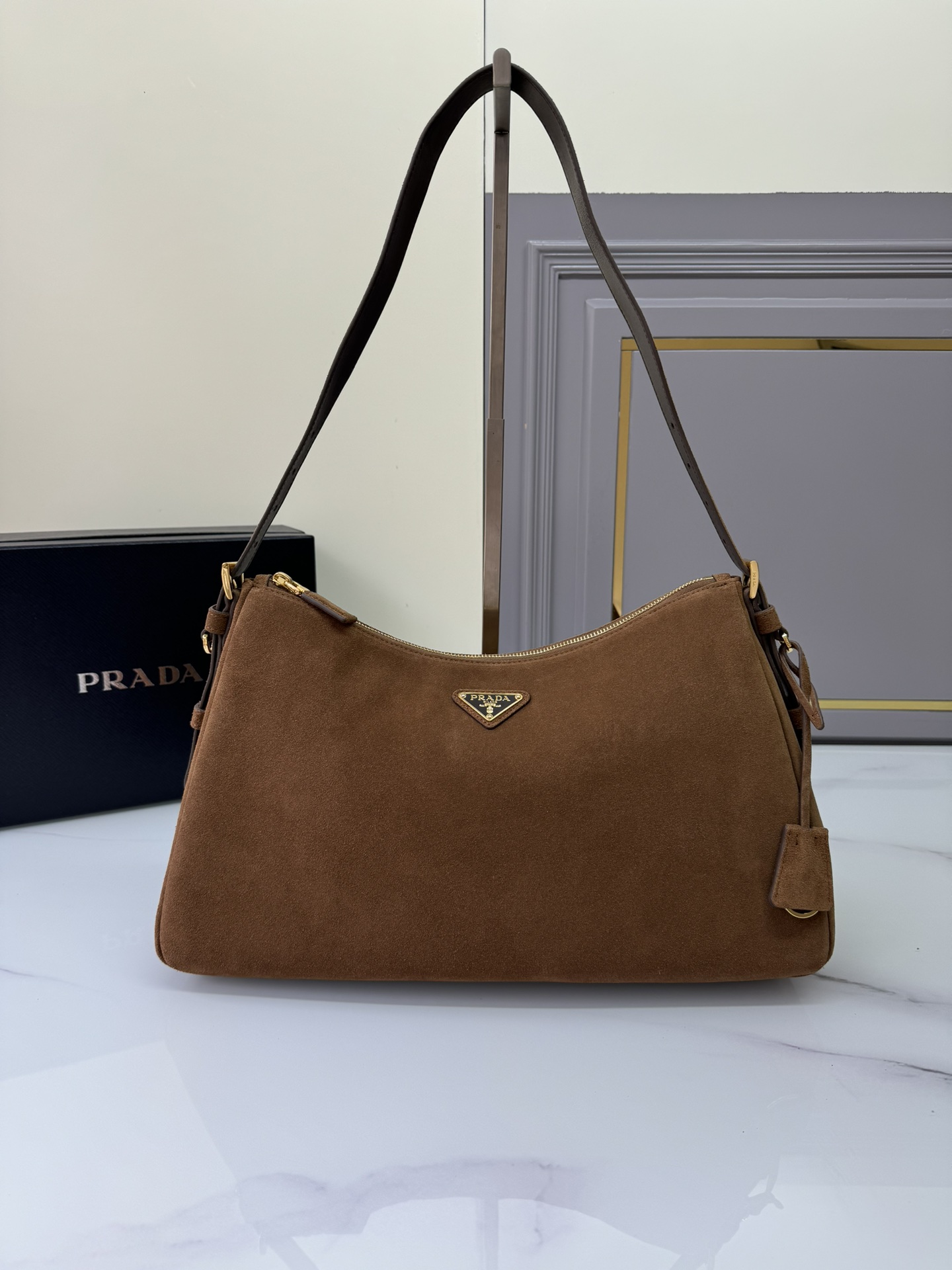 [TOP] PRADA Suede Calfskin Hobo Bag 39x24x11.5cm - Brown