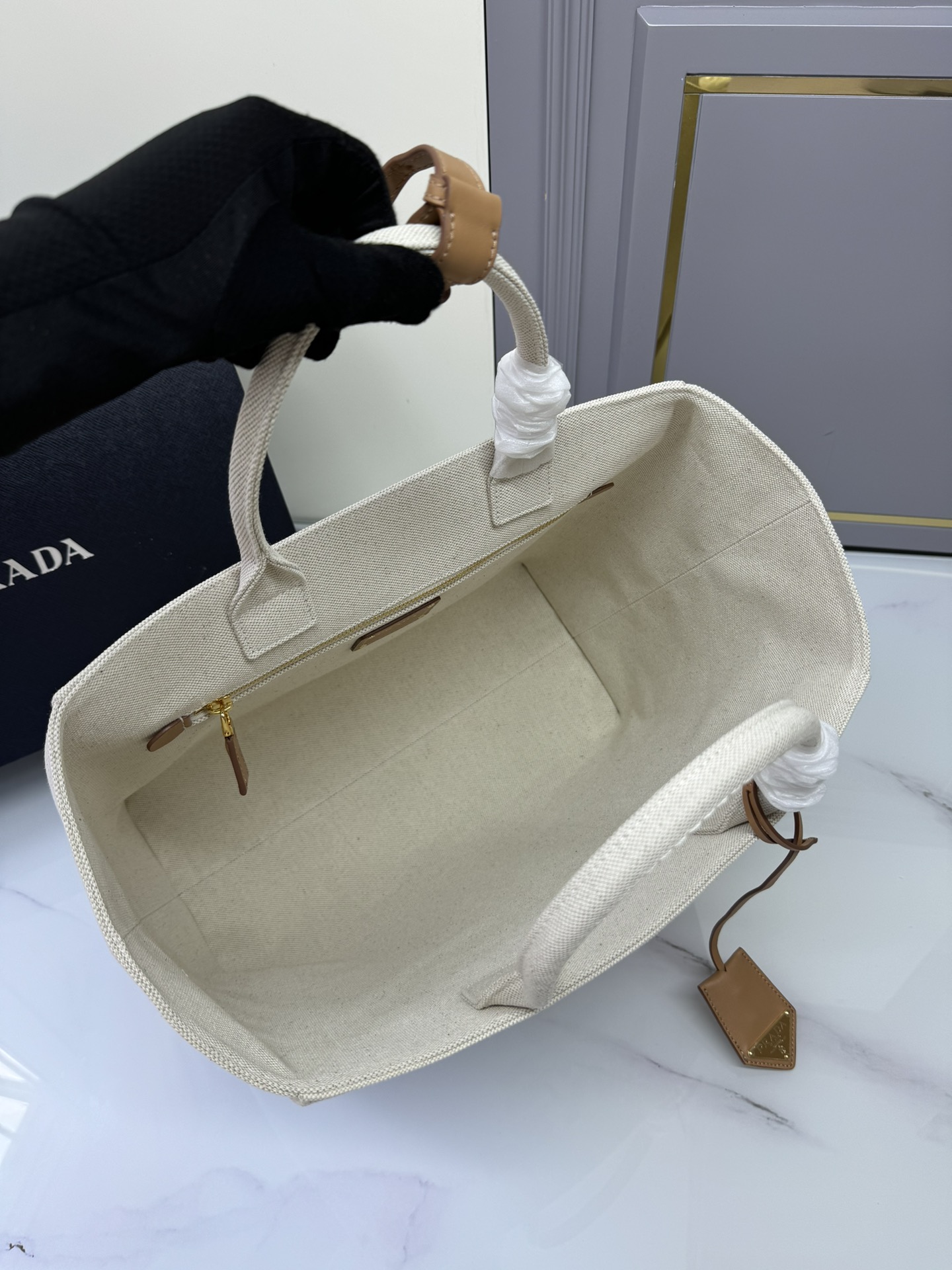 [TOP] PRADA Linen Canvas Tote Bag 39×31×17cm/31x25x14cn - Beige